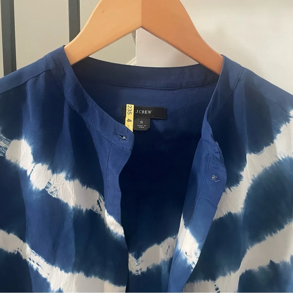 J.Crew 100% Silk Tie Dyed Shibori LS Tunic Popover Blue - Sz Small